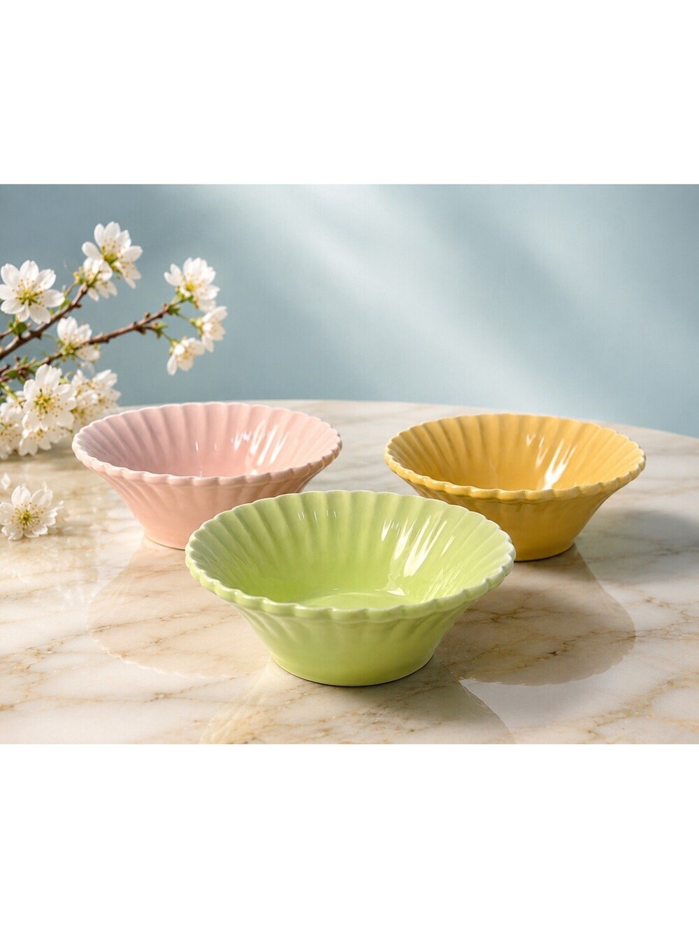 Crate & Barrel Italy 1980s Fluted Bowls Cups Pleated Rim Pastel Ceramic 6x2"